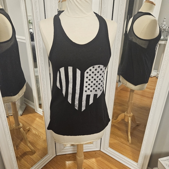Heart Flag Mesh Racerback Tank Top Black Size M - Picture 1 of 4